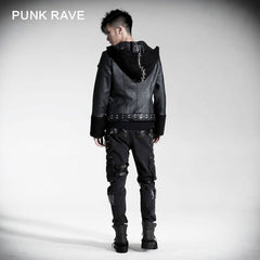 Y-402 Neutral Fur Hooded Short Leather black Punk Jacket?-??Punk Rave Clothing