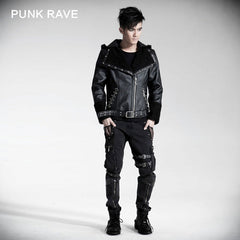 Y-402 Neutral Fur Hooded Short Leather black Punk Jacket?-??Punk Rave Clothing