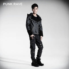 Y-402 Neutral Fur Hooded Short Leather black Punk Jacket?-??Punk Rave Clothing