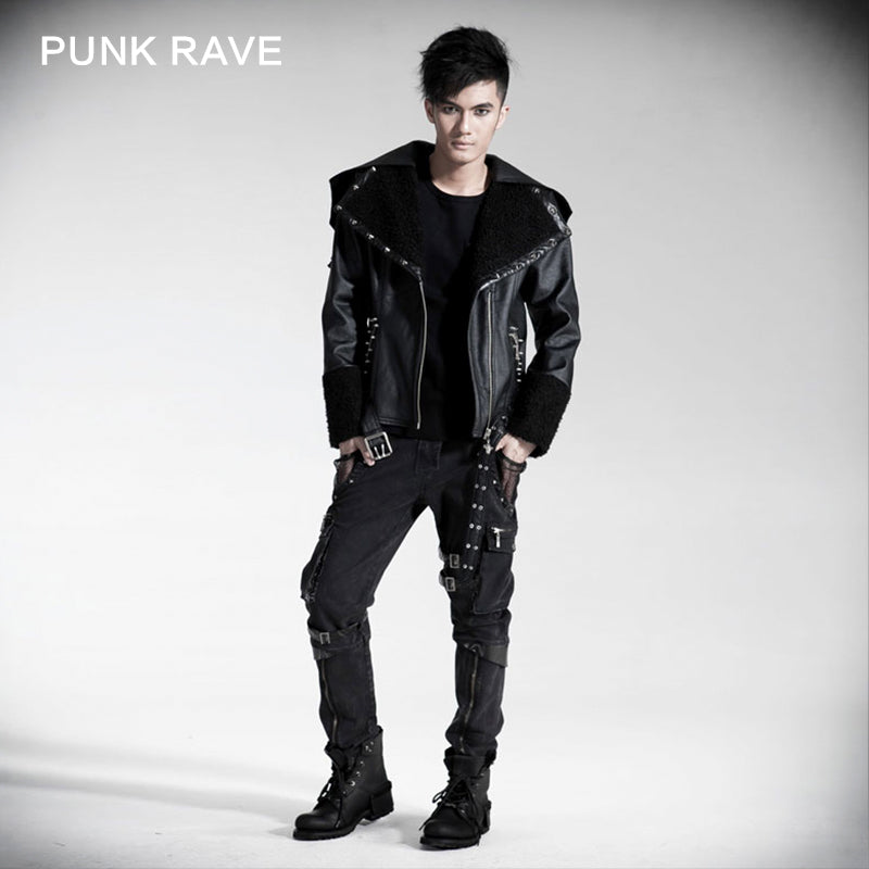 Y-402 Neutral Fur Hooded Short Leather black Punk Jacket?-??Punk Rave Clothing