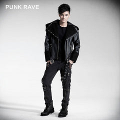 Y-402 Neutral Fur Hooded Short Leather black Punk Jacket?-??Punk Rave Clothing