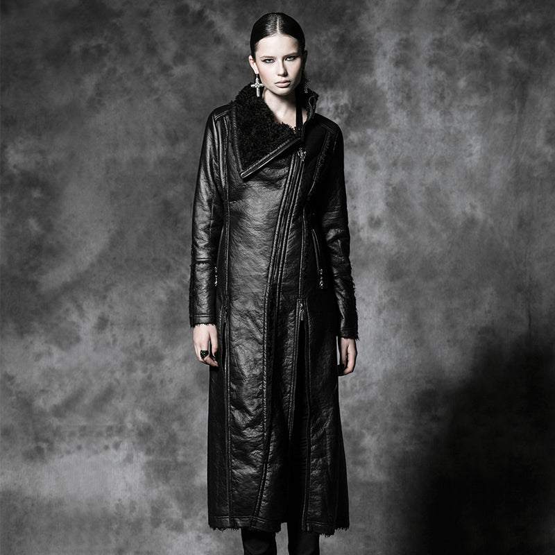 Y-485 Military Winter Long Leather Punk Coat With Collar?-??Punk Rave Clothing