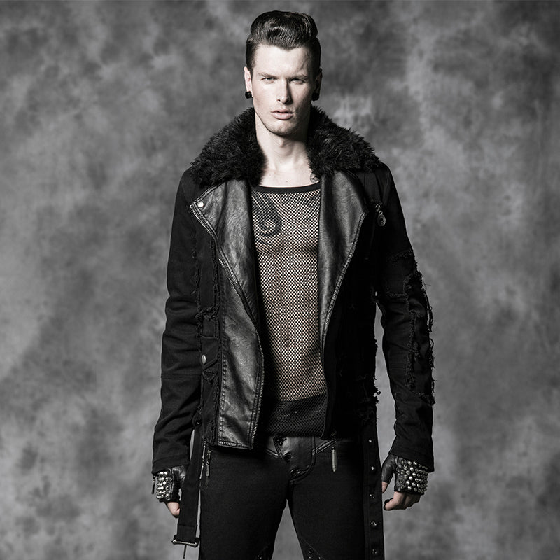 Y-486 Long Leather Punk Coat With The Warm black Fur Collar For Men?-??Punk Rave Clothing