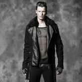 Y-486 Long Leather Punk Coat With The Warm black Fur Collar For Men?-??Punk Rave Clothing