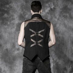 Y-503 Short Fitted Standing Collar Punk Vest With The Gold Grid-stripe?-??Punk Rave Clothing