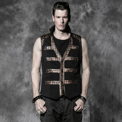 Y-503 Short Fitted Standing Collar Punk Vest With The Gold Grid-stripe?-??Punk Rave Clothing