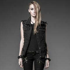 Y-507 Unisex Jean Coat/black Sleeveless Punk Vest With Skull Buttons?-??Punk Rave Clothing