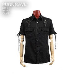 Y-530 Top Sale Rope-tying Short Sleeve Denim Punk Shirts?-??Punk Rave Clothing