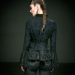 Y-544 Long Flared Sleeve Slim Fit Lace Gothic Shirt With High Neck?-??Punk Rave Clothing