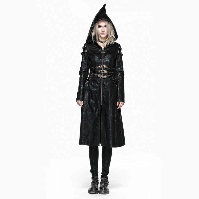 Y-552 black Long Leather Punk Coat With Hooded?-??Punk Rave Clothing