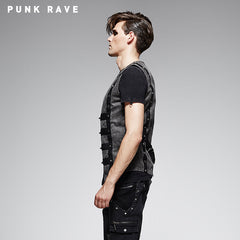Y-565 black Leather Sleeveless Punk Vest With V-neck?-??Punk Rave Clothing