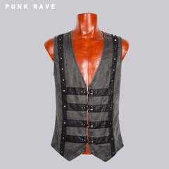 Y-565 black Leather Sleeveless Punk Vest With V-neck?-??Punk Rave Clothing