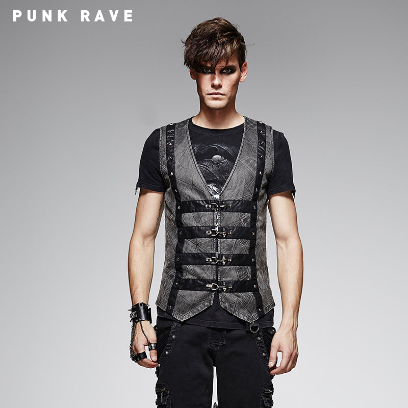 Y-565 black Leather Sleeveless Punk Vest With V-neck?-??Punk Rave Clothing
