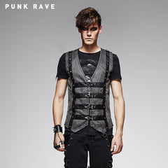 Y-565 black Leather Sleeveless Punk Vest With V-neck?-??Punk Rave Clothing