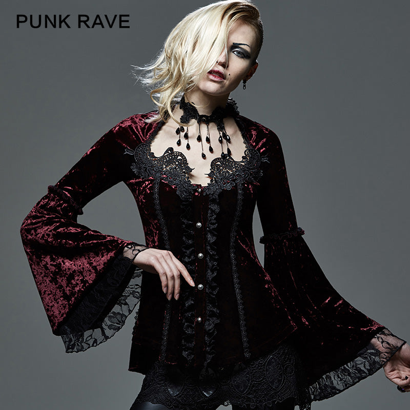 Y-588 Lace Thin Long Sleeve Gothic Shirt With Velvet?-??Punk Rave Clothing