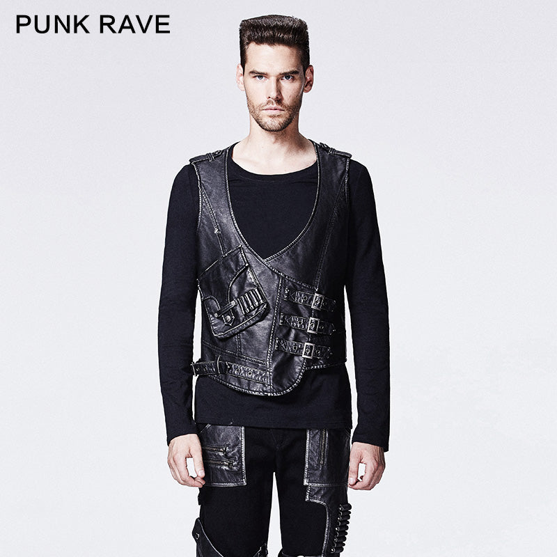 Y-598 black Skinny Leather Punk Vest With V-collar?-??Punk Rave Clothing