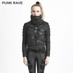 Y-619 Winter black Short Punk Jacket With Belts?-??Punk Rave Clothing