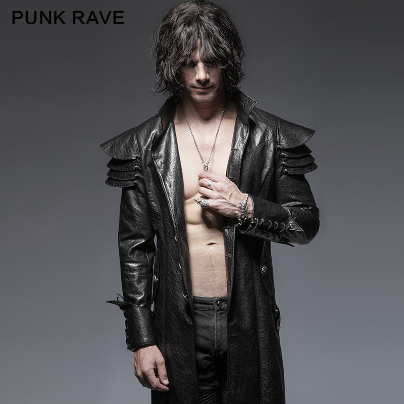 Y-630 Long black Leather Punk Trench Coat For Men?-??Punk Rave Clothing