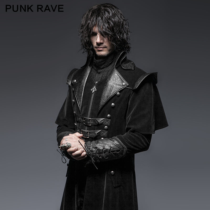 Y-636 Military black Leather Long Gothic Trench Coats With Belts?-??Punk Rave Clothing
