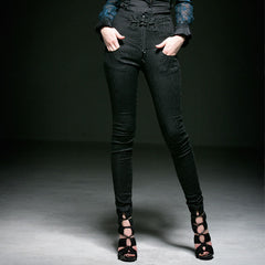 K-195 Lace Long black High Waist Punk Pants?-??Punk Rave Clothing