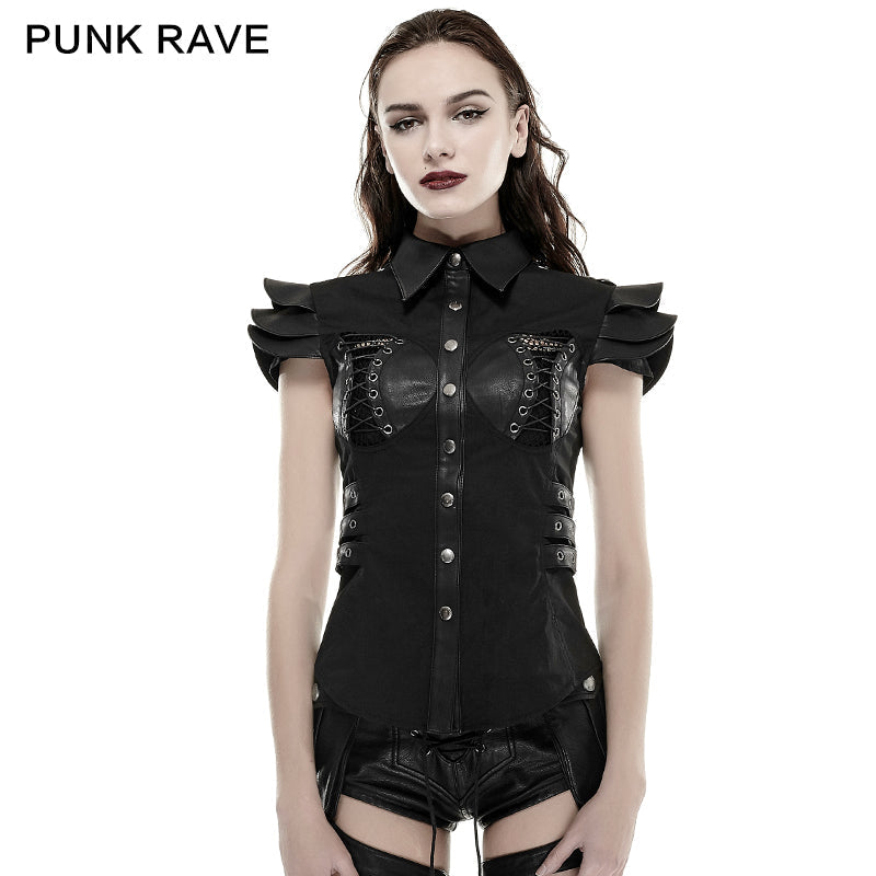 Y-671 Spring Military Leather Skinny Punk Shirts For Women?-??Punk Rave Clothing