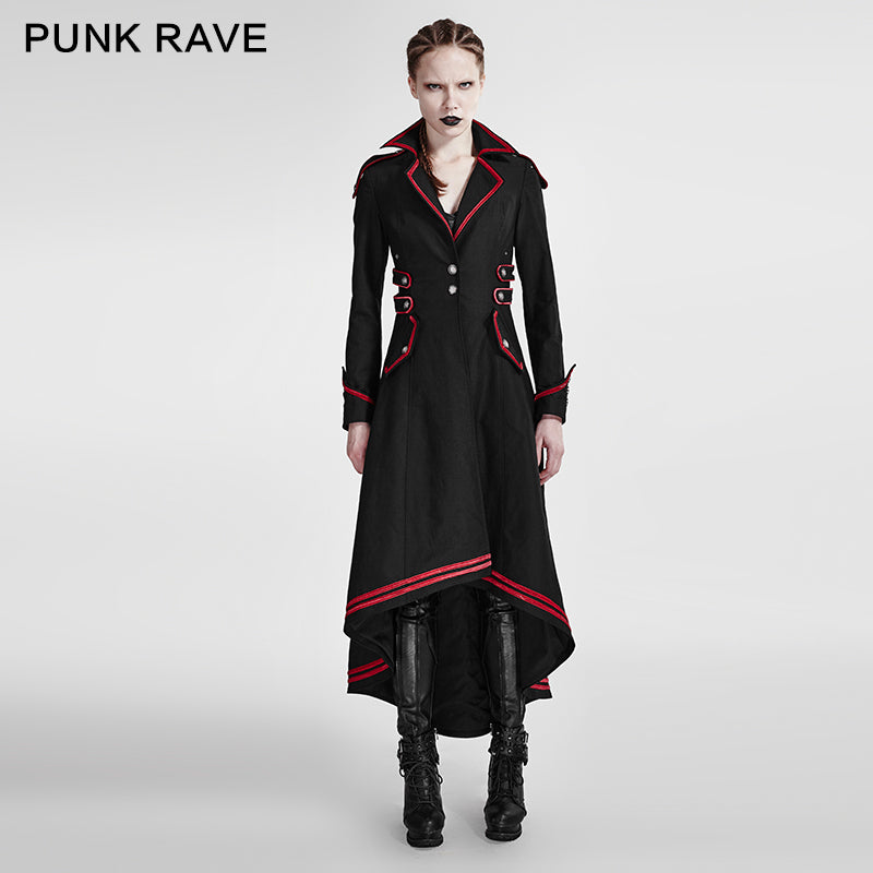 Y-675 Long Red-piped Gothic Trench Coats With Turn-down Collar For Winter?-??Punk Rave Clothing