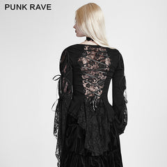Y-683 black Long Wide Sleeves Gothic Shirt With Roses Lace Back?-??Punk Rave Clothing