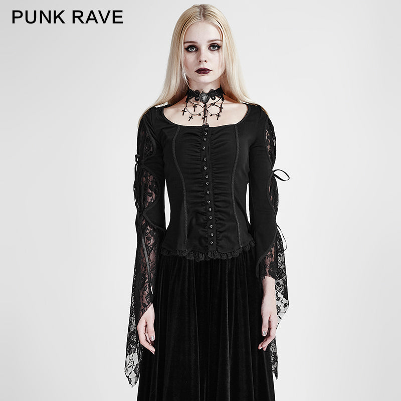 Y-683 black Long Wide Sleeves Gothic Shirt With Roses Lace Back?-??Punk Rave Clothing