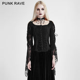 Y-683 black Long Wide Sleeves Gothic Shirt With Roses Lace Back?-??Punk Rave Clothing