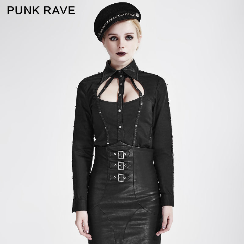 Y-691 black Stripes Long Sleeve Punk Shirts With Cut-out Collar?-??Punk Rave Clothing