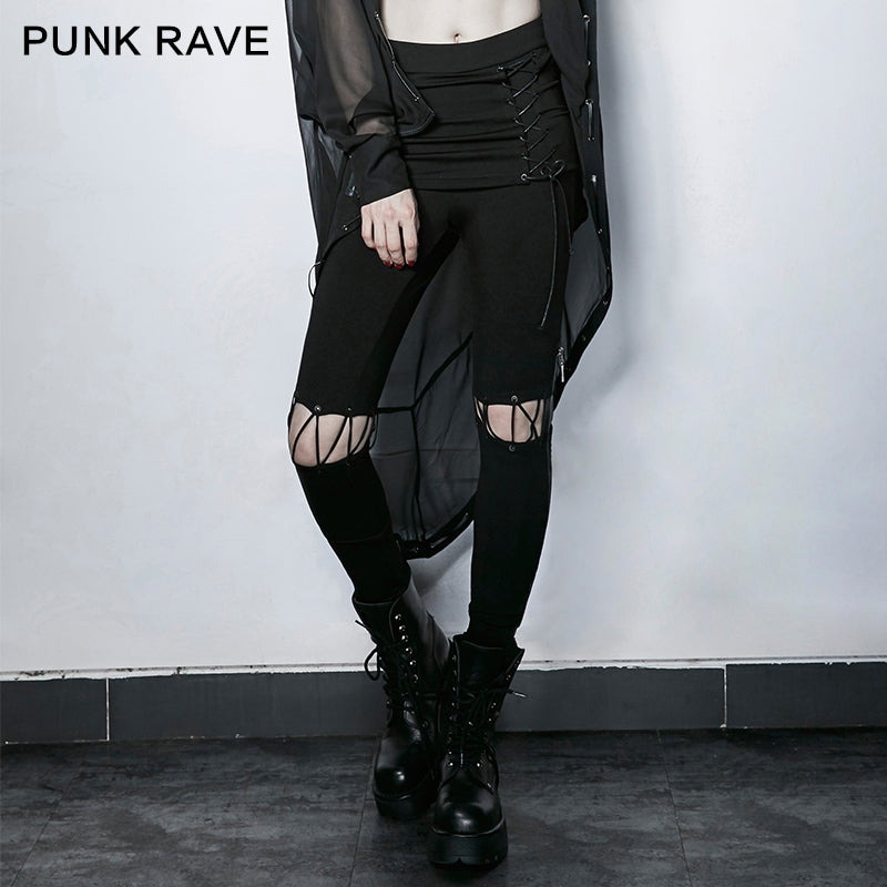 PK-101 black Fake Two Pieces Lace-up Wild Punk Pants?-??Punk Rave Clothing