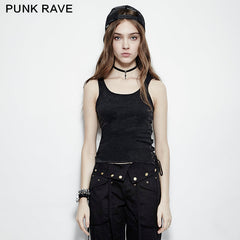 PT-099 black Lace Side Elastic Casual Tank Tight-fitting Drawstring Punk Vest?-??Punk Rave Clothing