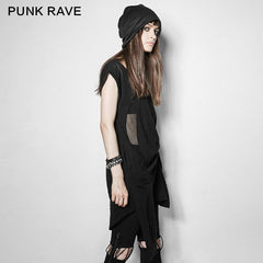 PT-113 Retro Holes Asymmetric Hem Punk T-shirt?-??Punk Rave Clothing