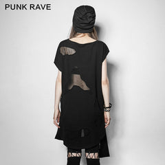 PT-113 Retro Holes Asymmetric Hem Punk T-shirt?-??Punk Rave Clothing