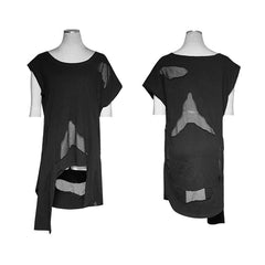 PT-113 Retro Holes Asymmetric Hem Punk T-shirt?-??Punk Rave Clothing
