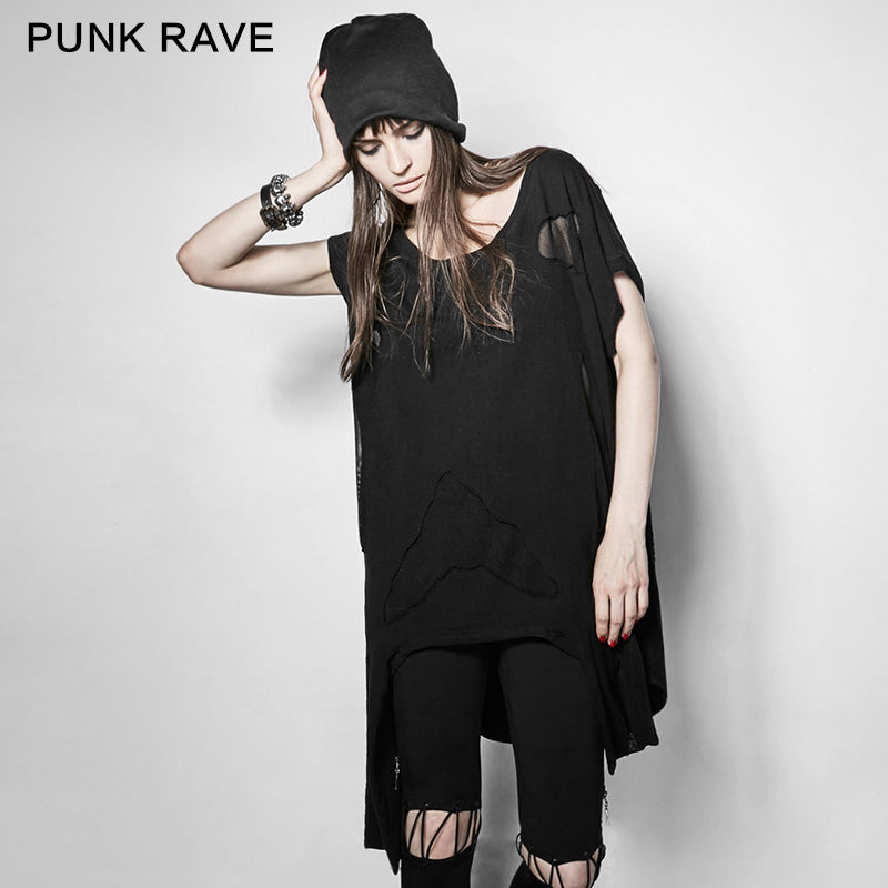 PT-113 Retro Holes Asymmetric Hem Punk T-shirt?-??Punk Rave Clothing