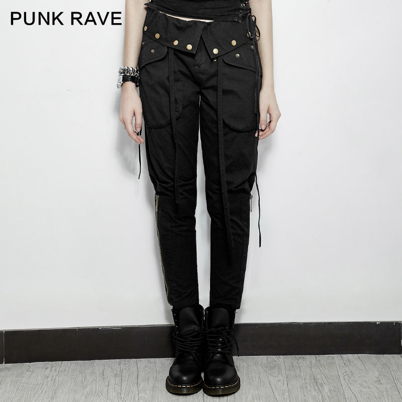 PK-090 Solid Long Length Elastic Waist Punk Pants With Zipper Dressed?-??Punk Rave Clothing