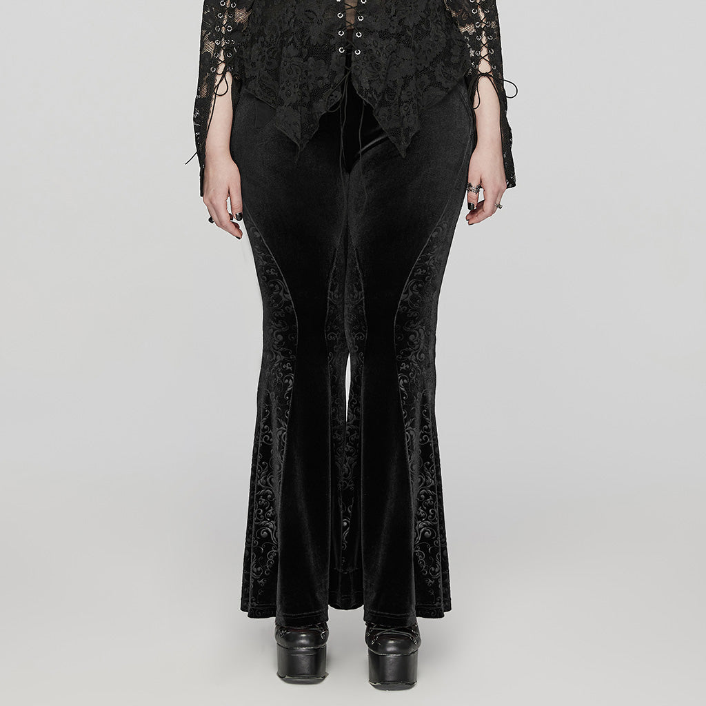 DK-640XCF Velvet Flared Gothic Pants With Embroidered Side Panels?-??Punk Rave Clothing