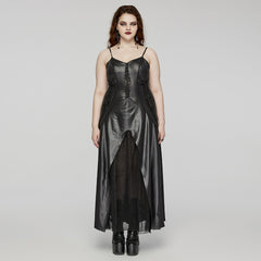 DQ-683LQF Gothic Dress Black Leather Corset Spaghetti Straps Maxi High-Slit