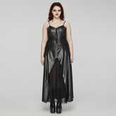 DQ-683LQF Gothic Dress Black Leather Corset Spaghetti Straps Maxi High-Slit