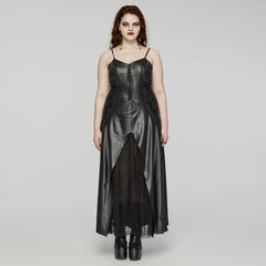 DQ-683LQF Gothic Dress Black Leather Corset Spaghetti Straps Maxi High-Slit