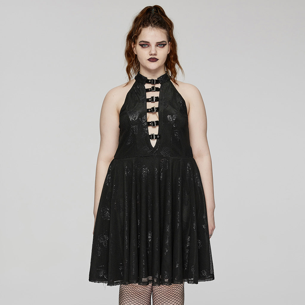 DQ-688LQF Gothic Floral Buckle Halter Black Sleeveless Midi Dress?-??Punk Rave Clothing