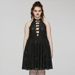 DQ-688LQF Gothic Floral Buckle Halter Black Sleeveless Midi Dress?-??Punk Rave Clothing