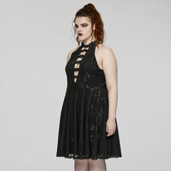 DQ-688LQF Gothic Floral Buckle Halter Black Sleeveless Midi Dress?-??Punk Rave Clothing