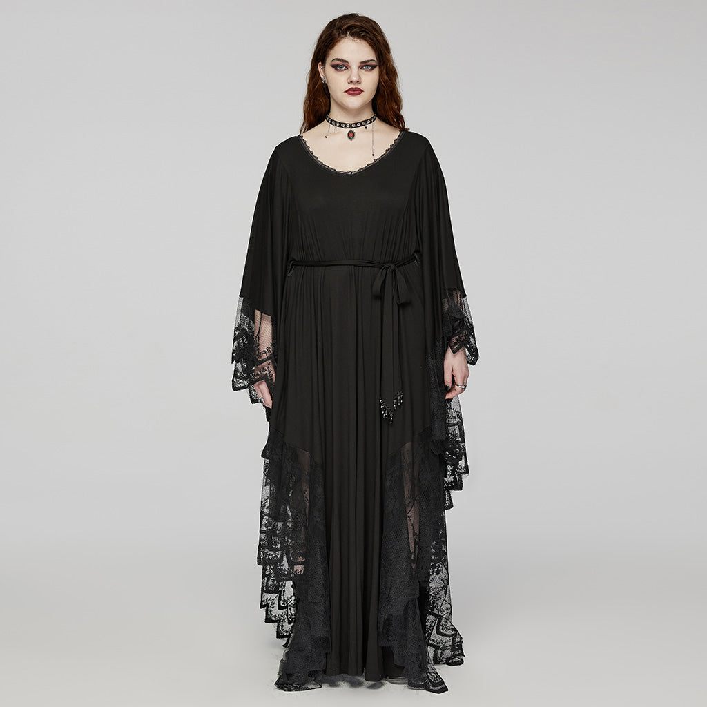 DQ-724LQF Gothic Lace V-Neck Batwing Sleeve Long Black Dress?-??Punk Rave Clothing
