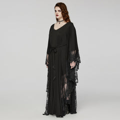 DQ-724LQF Gothic Lace V-Neck Batwing Sleeve Long Black Dress?-??Punk Rave Clothing