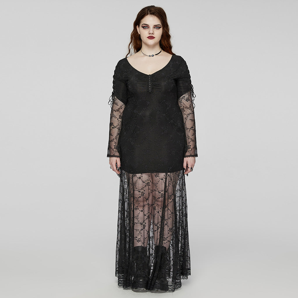DQ-725LQF Elegant Gothic Dress Sheer Black Lace Long Sleeve?-??Punk Rave Clothing