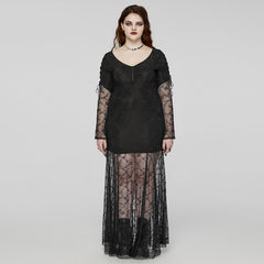 DQ-725LQF Elegant Gothic Dress Sheer Black Lace Long Sleeve?-??Punk Rave Clothing
