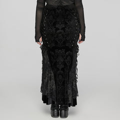 DQ-727BQF Gothic Lace Embossed Velvet Fishtail Skirt With Ruffles?-??Punk Rave Clothing