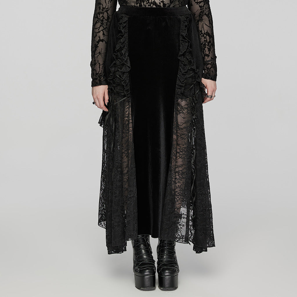 DQ-728BQF Velvet Gothic Skirt with Lace Panel and Ruffled Design?-??Punk Rave Clothing